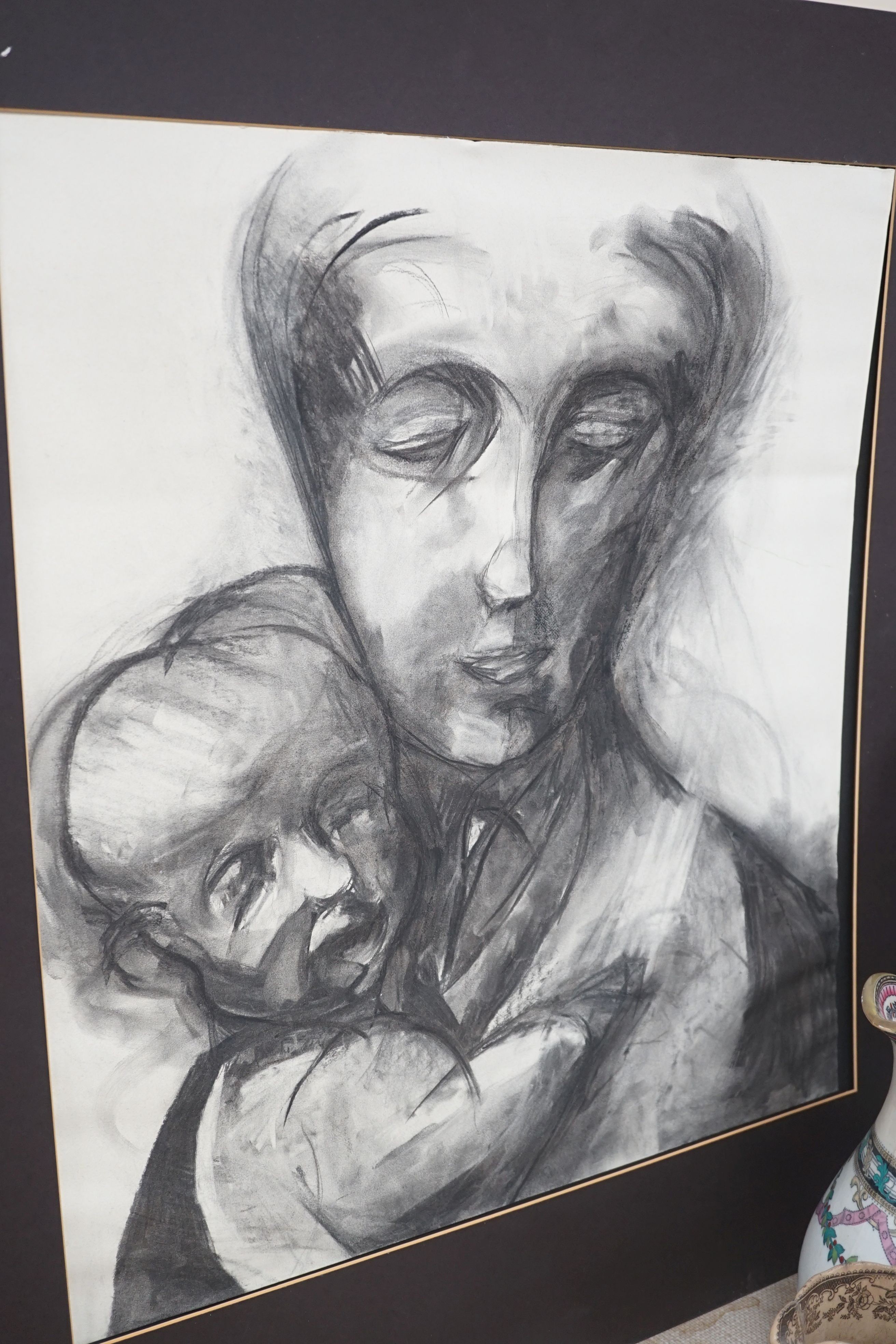 Modern British, charcoal drawing, Mother and child, 64 x 58cm, unframed
